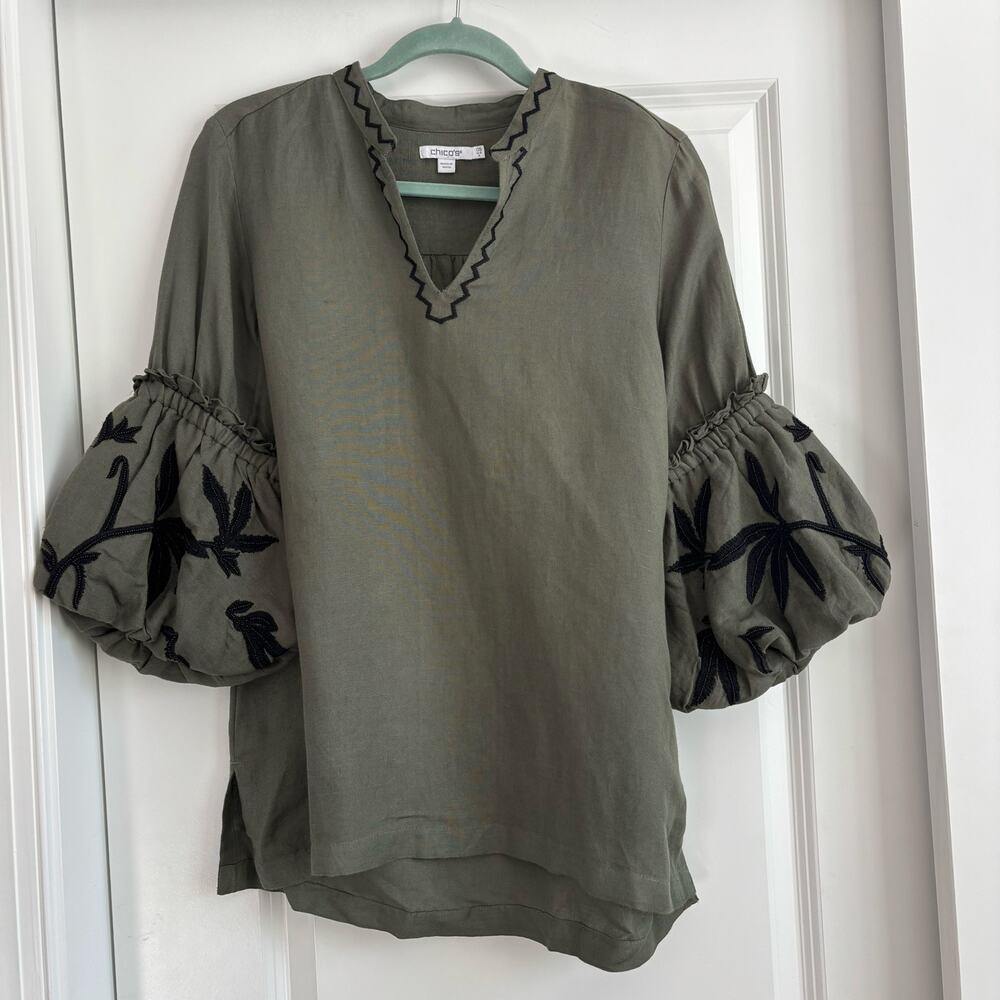 Chicos Women’s Linen Blend Lantern Sleeve Top Sz 6 In Olive Green Embroidered